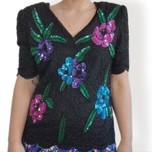 Stenay Vintage Silk Black Beaded Sequined Flower Tunic Shirt Top Blouse Sz L